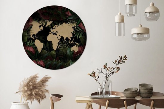 WallCircle - Cercle mural - Cercle mural - Wereldkaart - Fleurs - Rose - Aluminium - Dibond - 120x120 cm - Intérieur et extérieur XXL