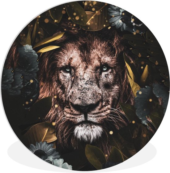 Cercle mural - Plastique - Lion - Animaux sauvages - Fleurs - Lumière - ⌀ 90 cm