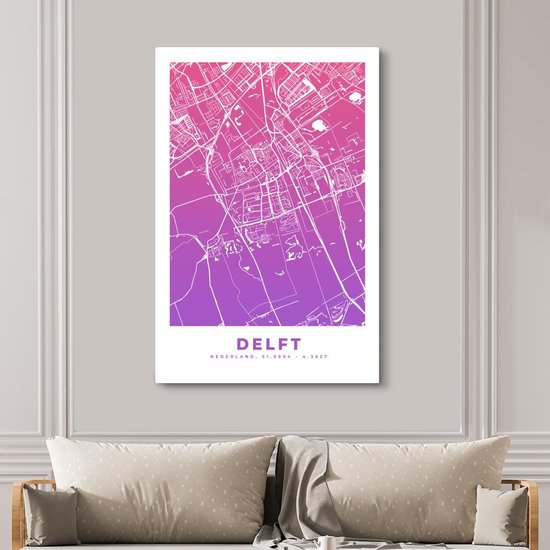 Tableau sur Toile City Map - Delft - Violet - 120x180 cm - Décoration murale XXL