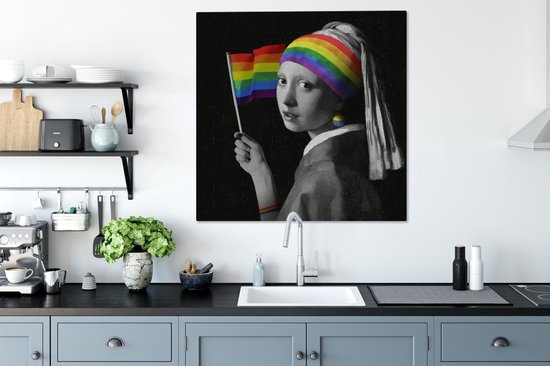Canvas schilderij 90x90 cm - Wanddecoratie Meisje met de parel - Pride Vlag - Regenboog - Muurdecoratie woonkamer - Slaapkamer decoratie - Kamer accessoires - Schilderijen op canvas