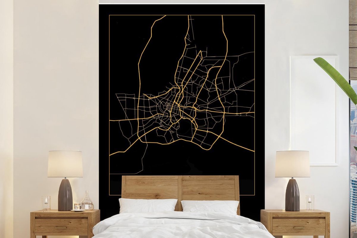 Behang - Fotobehang Kaart - Bangkok - Luxe - Goud - Zwart - Breedte 160 cm x hoogte 240 cm
