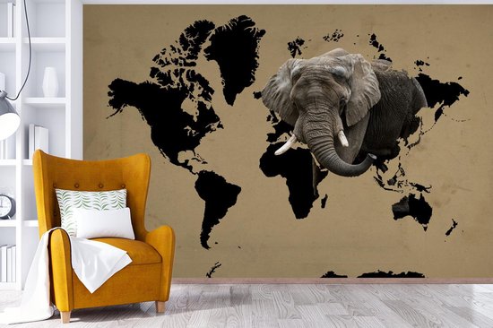 Carte du monde noire avec un éléphant dessus 390x260 cm