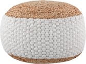 Sunfield Gebreide Jute Poef witte rand | Velours Poefs Rond | Kwalitatief Vloerkussens vele stijlen | 50x35 | Beige / Wit