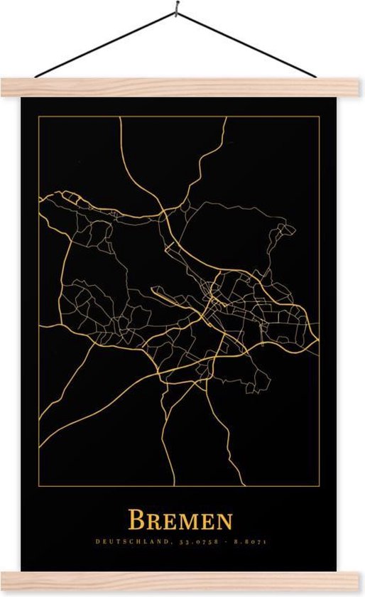 Posterhanger incl. Poster 120x180 cm - Schoolplaat - Kaart - Bremen - Goud - Zwart - Textielposter - Blanke latten