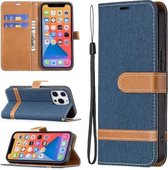 Kleuraanpassing Denim Textuur Horizontale Flip Leren Hoes Met Houder & Kaartsleuven & Portemonnee & Lanyard Voor iPhone 13 Pro Max (Donkerblauw)