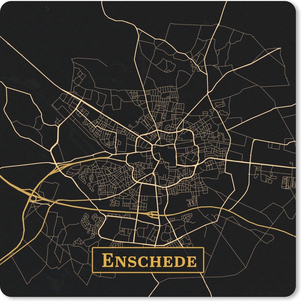 Muismat 20x20 cm - Mousepad Kaart - Enschede - Goud - Zwart - Muismatten
