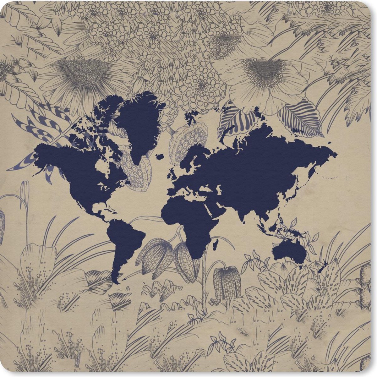Muismat 30x30 cm - Mousepad Wereldkaart - Planten - Paars - Muismatten