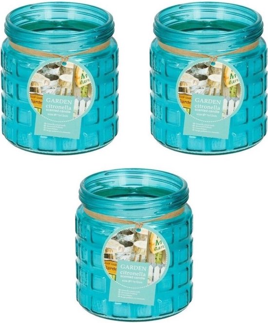 3x stuks citronella kaarsen tegen insecten in glazen pot 12 cm blauw- Anti-muggen/insecten
