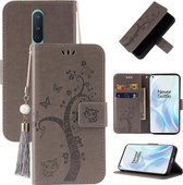 Voor OnePlus 8 Reliëf Lucky Tree Horizontale Flip Leather Case met Houder & Kaartsleuf & Portemonnee & Lanyard (Grijs)