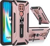 Voor Motorola Moto G9 Play War-god Armor TPU + PC Schokbestendige magnetische beschermhoes met opvouwbare houder (roségoud)