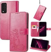 Voor T-Mobile REVVL V + 5G Vier-blad sluiting Reliëf Gesp Mobiele Telefoon Bescherming Lederen Case met Lanyard & Card Slot & Portemonnee & Beugel Functie (Magenta)