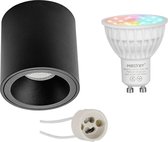 Mi-Light MiBoxer - Opbouwspot Set GU10 - Smart LED - Wifi LED - Slimme LED - 4W - RGB+CCT - Aanpasbare Kleur - Dimbaar - Pragmi Cliron Pro - Opbouw Rond - Mat Zwart - Verdiept - Ø90mm