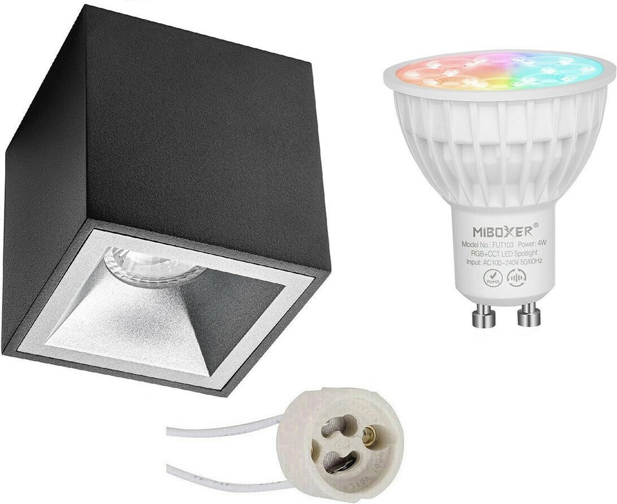 Mi-Light MiBoxer - Opbouwspot Set GU10 - Smart LED - Wifi LED - Slimme LED - 4W - RGB+CCT - Aanpasbare Kleur - Dimbaar - Proma Cliron Pro - Opbouw Vierkant - Mat Zwart/Zilver - Verdiept - 90mm