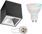 Mi-Light MiBoxer - Opbouwspot Set GU10 - Smart LED - Wifi LED - Slimme LED - 4W - RGB+CCT - Aanpasbare Kleur - Dimbaar - Proma Cliron Pro - Opbouw Vierkant - Mat Zwart/Zilver - Ver