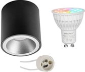 Mi-Light MiBoxer - Opbouwspot Set GU10 - Smart LED - Wifi LED - Slimme LED - 4W - RGB+CCT - Aanpasbare Kleur - Dimbaar - Pragmi Cliron Pro - Opbouw Rond - Mat Zwart/Zilver - Verdiept - Ø90mm 