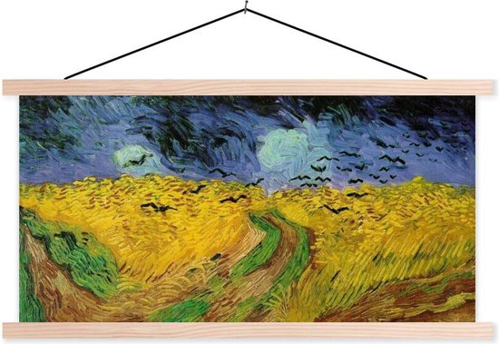 Posterhanger incl. Poster - Schoolplaat - Korenveld met kraaien - Vincent van Gogh - 60x30 cm - Blanke latten