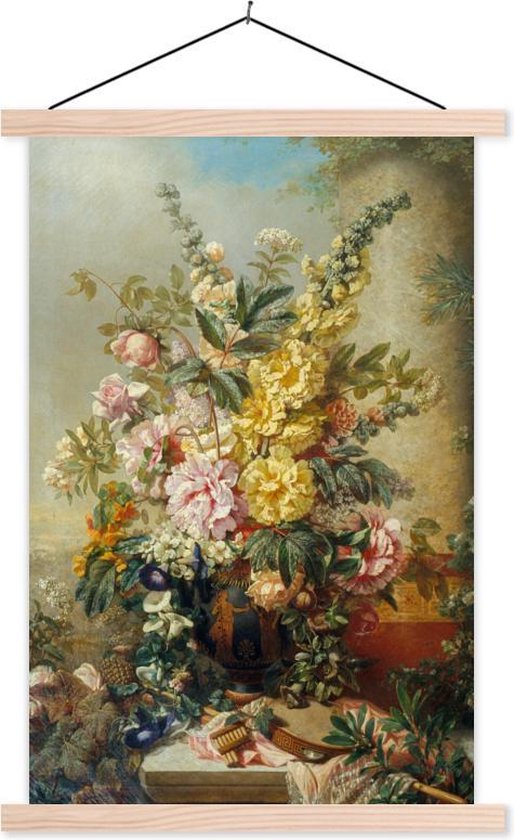 Schoolplaat - Grote vaas met bloemen - Josep Mirabent - Oude meesters - 60x90 cm - Blanke latten