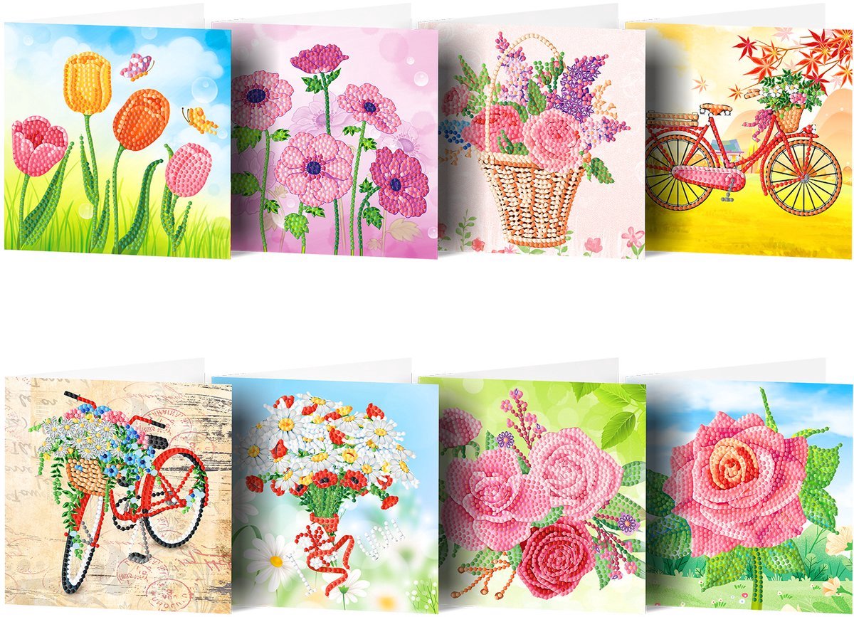 Casalora Diamond Painting kaarten - 8 Diamond Painting Wenskaarten - Bloemencollectie - DIY Kaarten, Speciale Diamanten, Enveloppen en Accessoires - A