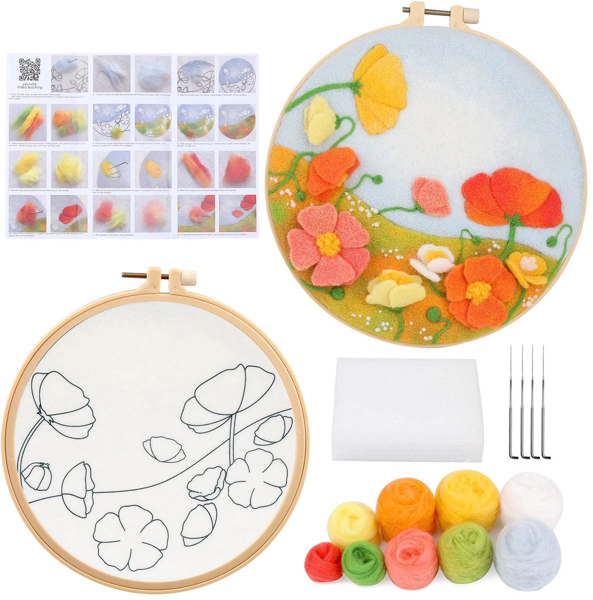 Casalora Punch Needle - Leef als een zomerbloem - Naaldvilten DIY Kit voor Volwassenen - Borduurpakket - Wol Schilderij Maakset met Vilten Wol, Viltnaalden, Viltmat, Borduurraam en Handleiding – Creatieve Hobbyset voor Wanddecoratie