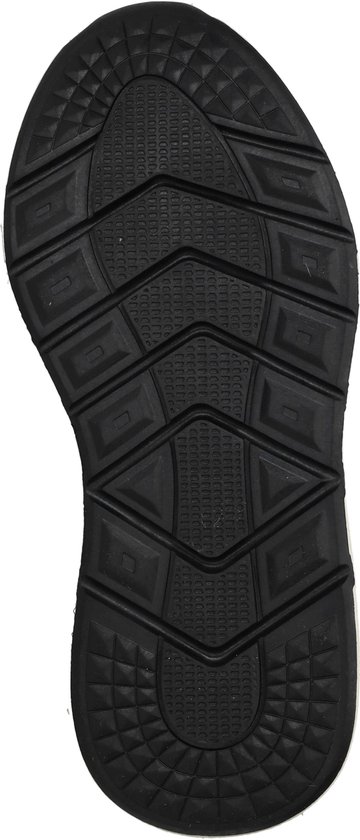 Zwarte buitenzool van een sneaker met een gedetailleerd profiel.
