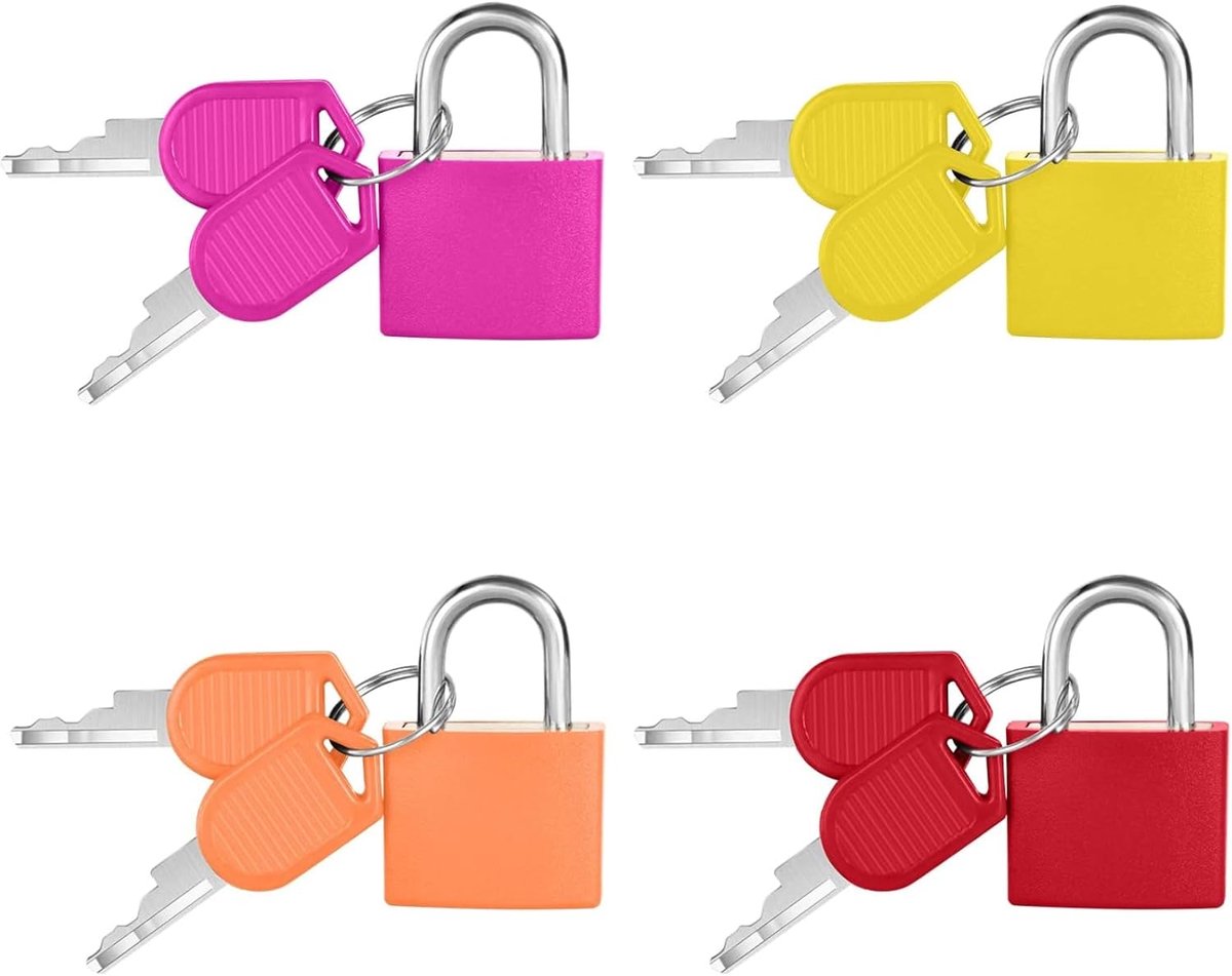 4 stuks kofferslot met sleutel, klein hangslot, bagageslot, reisslot, rugzakslot, kleurvast metalen hangslot met sleutel, klein hangslot voor reizen, rugzak, spelen fitness