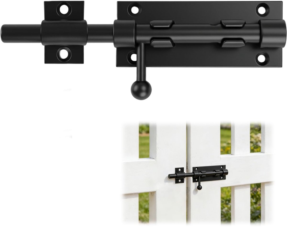 Deurgrendel voor buiten, schuifgrendel, roestvrij staal, zwart, schroefbare boutgrendel met slotgat, aan beide zijden monteerbaar, voor deuren en ramen, 105 mm, zwart oppervlak