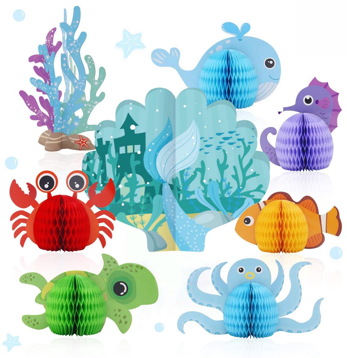 Waben-Decoratie Set, 8 Stuks Zeedieren Papieren Versiering (Walvis, Zeepaardje, Krab, Vis, Schildpad, Inktvis, Koraal, Schelp), Perfect Voor Verjaardag