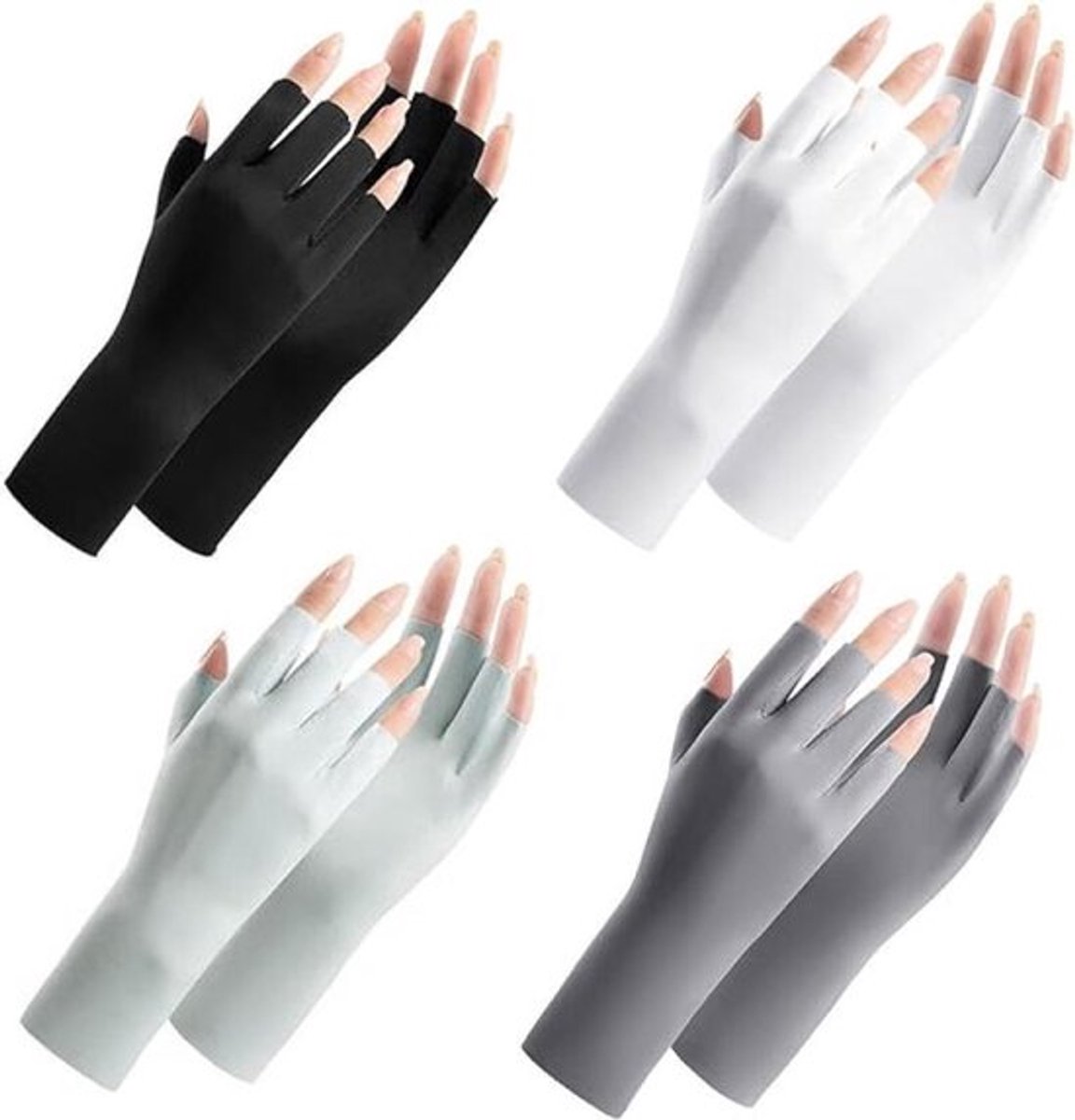 4 paar - Handschoenen - Halfvingerhandschoenen - dames UV-beschermende handschoenen met halve vingers - zomerhand beschermingshandschoenen - vingerloze handschoenen met bescherming tegen de zon - zwart, wit, donkergrijs, lichtgrijs - 23 cm