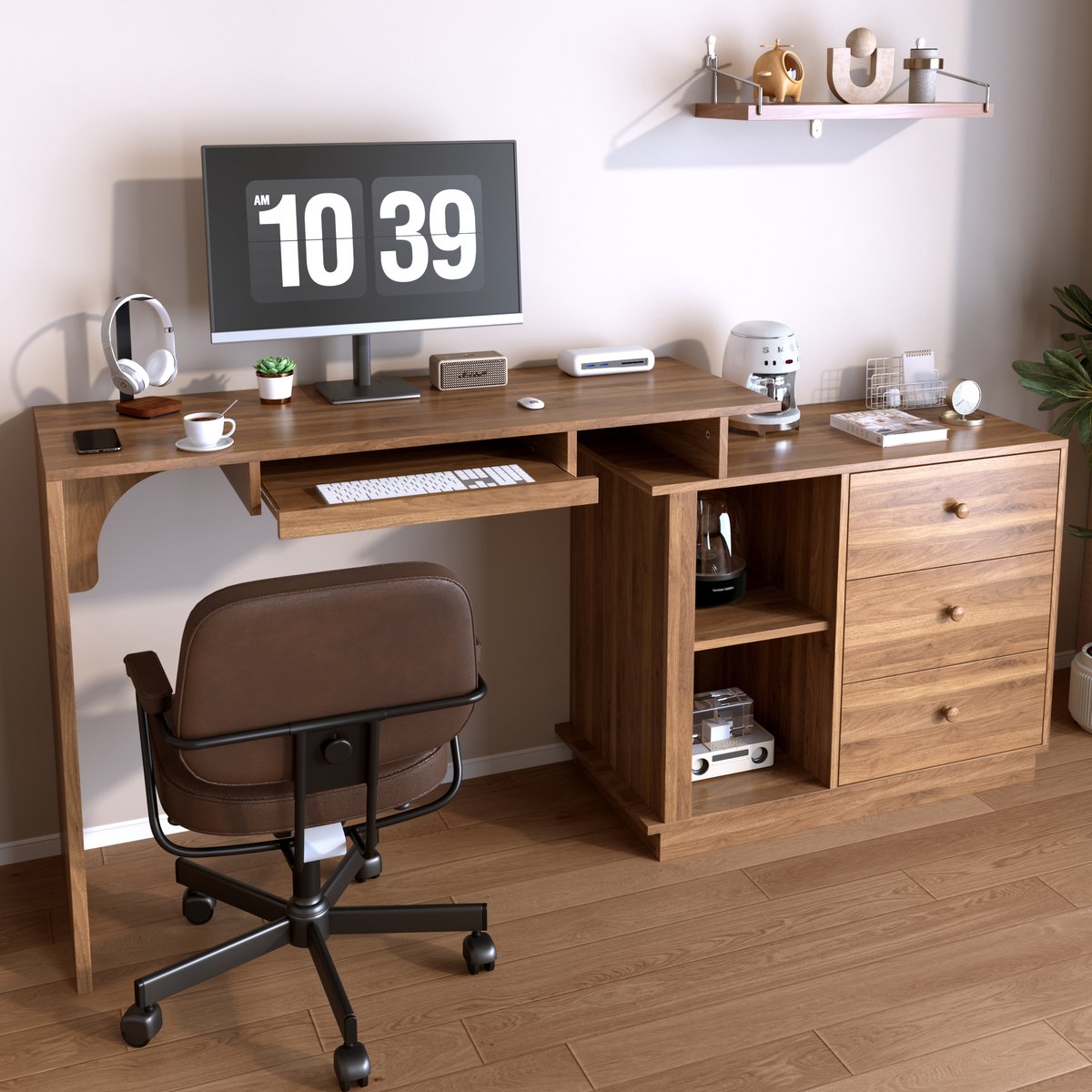 Multifunctionele Schrijftafel met Tastatuurvak - Modern Meubel in Walnut - Homeoffice Oplossing