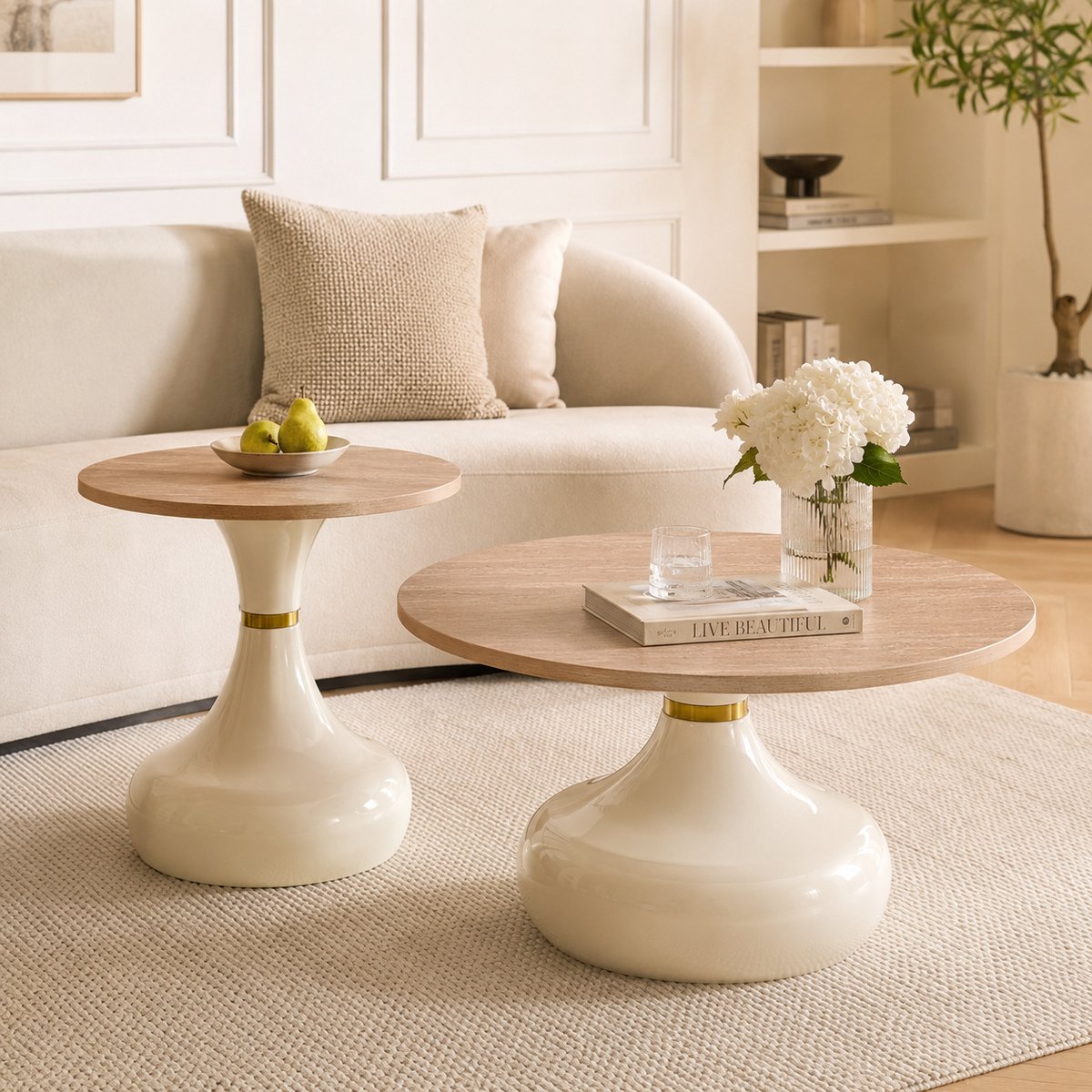 Salontafel Set - 2 Delige Koffietafel Met Marmerlook Blad - Moderne Bijzettafels Hout Wit