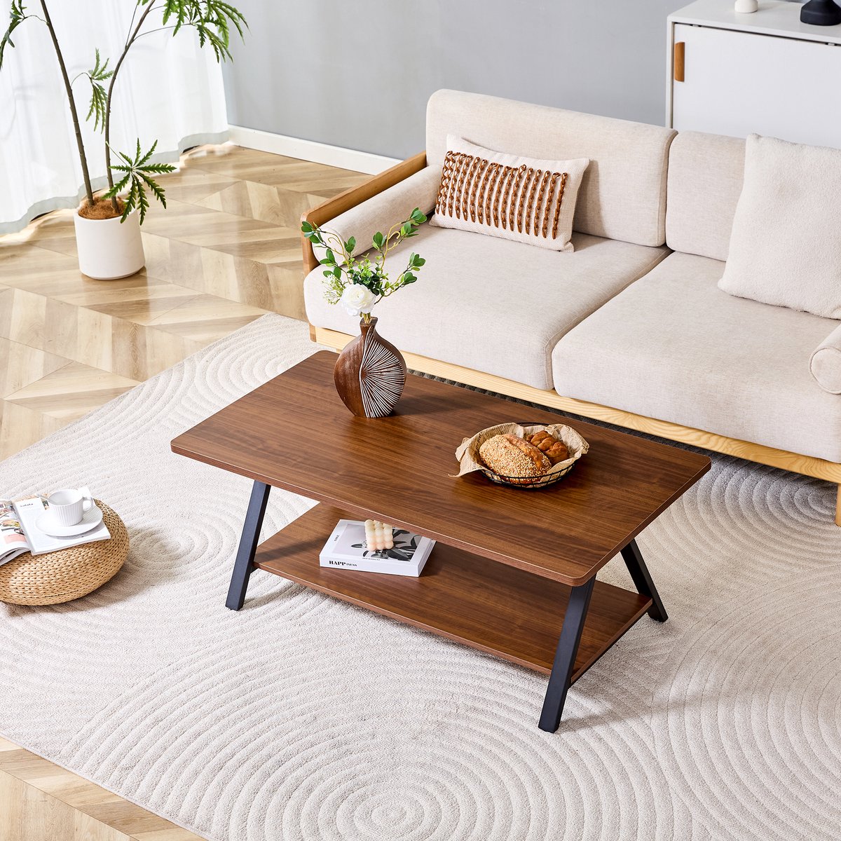 Salontafel - Industriële Koffietafel Met Opbergrek - Walnoot Houtlook Metalen Frame Voor Woonkamer