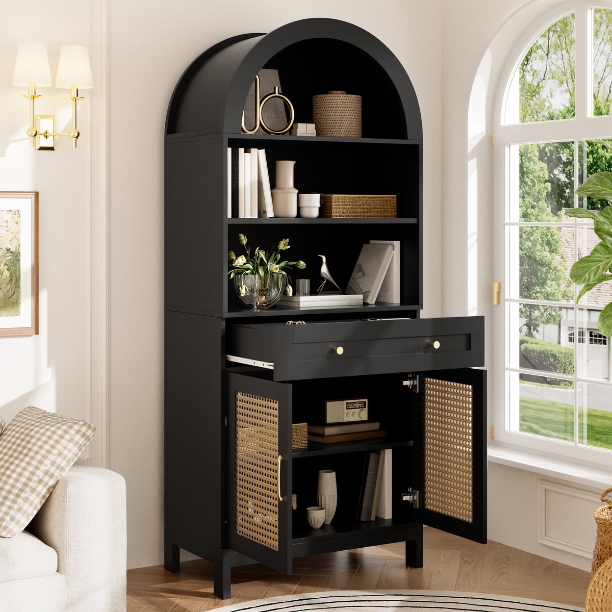 Moderner Vitrine- en Opbergkast - Rattan-Design met Prachtig Houtaccent - Hoog 170 cm