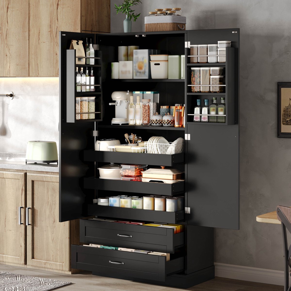 Küchenschrank met Diverse Opbergmogelijkheden - Zwarte MDF - 80x37.5x180 cm