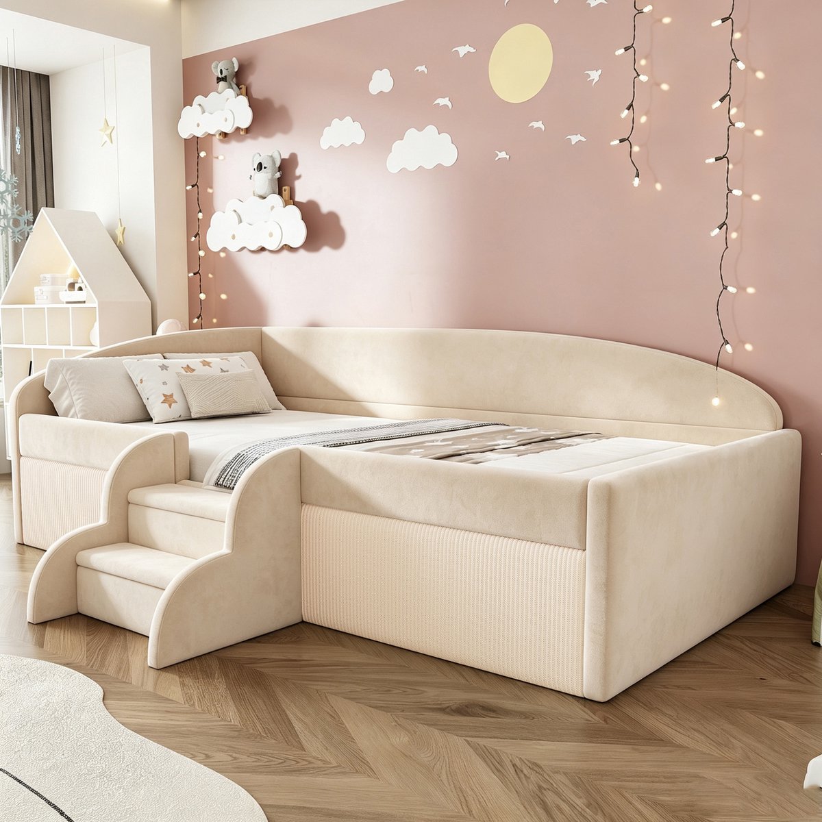 Polsterbett Kinderbett 90*190cm - Multifunctioneel Bedje Met Veilige Schuttbalken - Beige