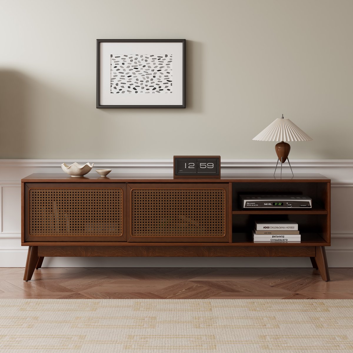 Mid Century TV Stand - Rattan en Dark Walnut - 59 Inch - Ondersteunt 65 Inch TV
