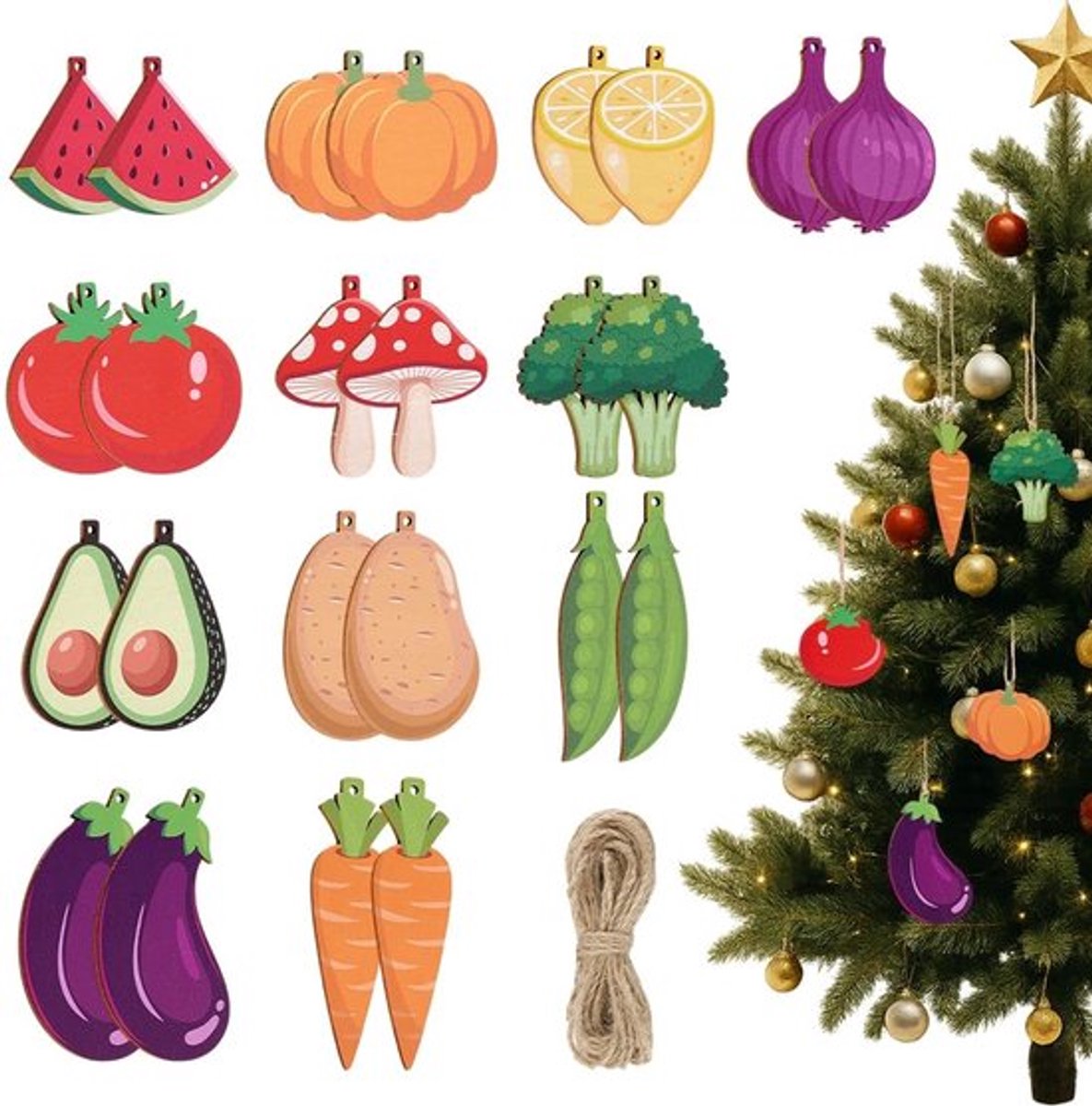 Kerstboomversiering 24 Stuks - Houten Ornamenten - Veelkleurig - Decoratieve Hangers - Fruitschijven - Afmetingen: Uien, Watermeloen, Wortel, Citroen, Aubergine, Broccoli, Paddenstoel, Aardappel, Erwten - Kerstornamenten