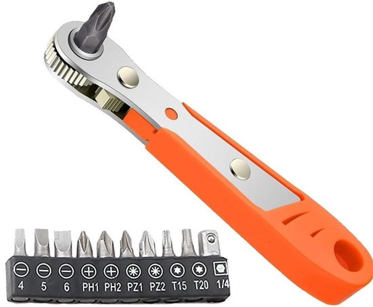 Ratelsleutel 1/4 Inch - Mini Magnetische Schroevendraaier - 10 Schroefbits - Verstelbare Hoek - Antislip Handvat - Hoogwaardige Materialen