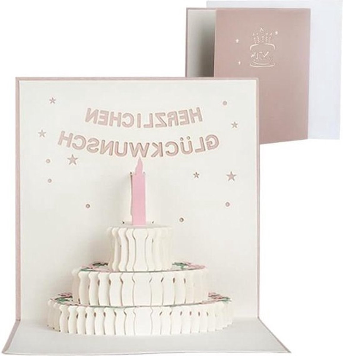 3-D pop-up wenskaart - Gefeliciteerd - Verjaardagskaart - Oudroze parelmoer - 15 cm x 15 cm - 250 g/m² - Inclusief envelop - Ideaal voor verjaardag .