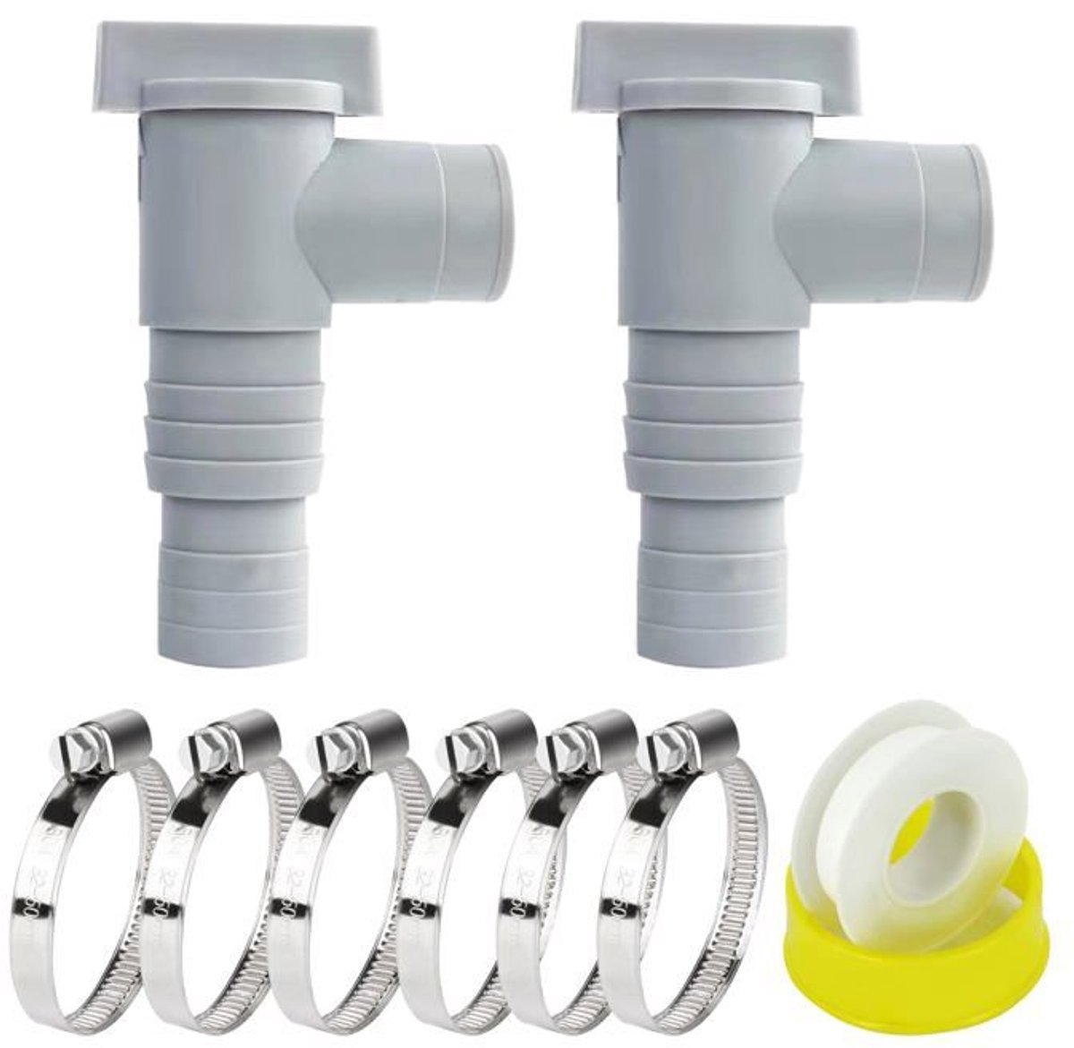 Twee zwembadafsluiters van 32-38 mm, zes roestvrijstalen klemmen