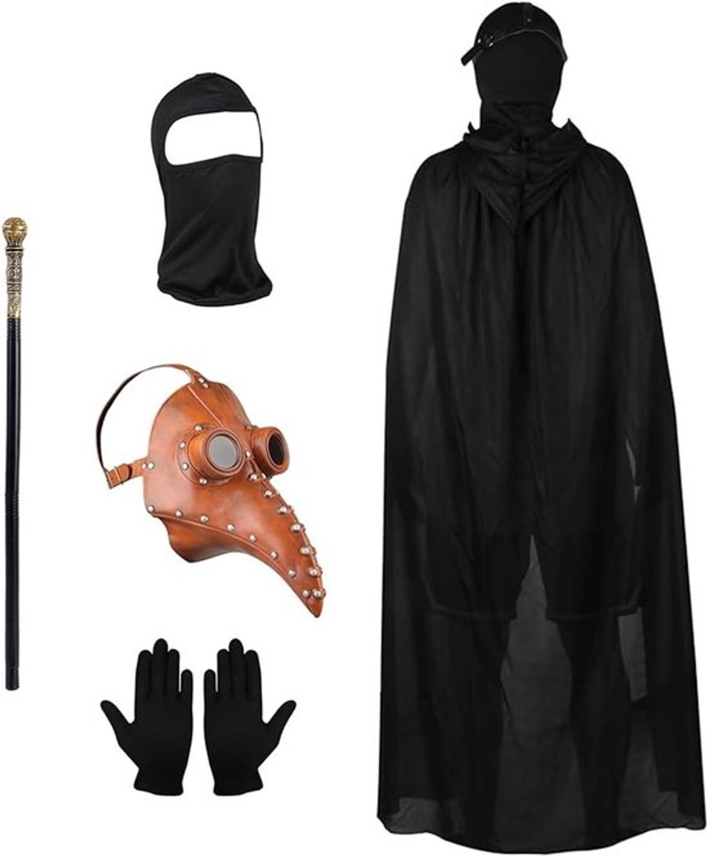 Halloween Cosplay Kostuum Set met Pestdokter Masker, Lange Neus, Zwarte Handschoenen en Kapmantel voor Feest en Verkleedpartijen