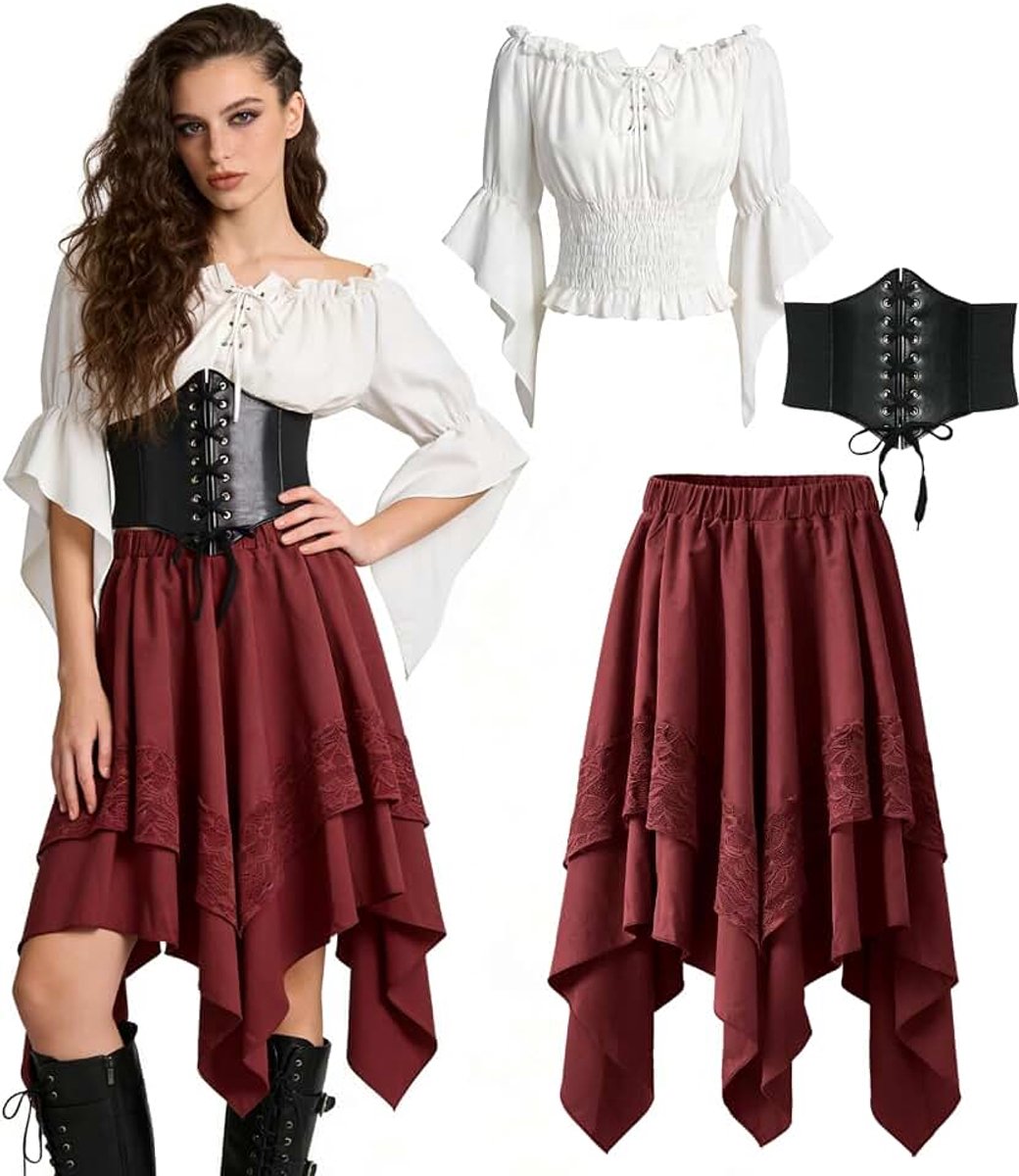 Piratenkostuum voor dames, middeleeuws gothic, middeleeuwse jurk met wit overhemd en riem, carnavalskostuum voor dames, Halloween-kostuum en kostuumfeest