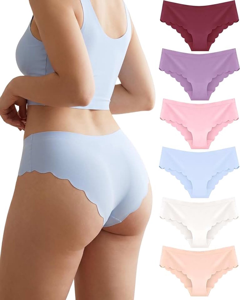 OF SHE 6 stuks onderbroeken voor dames, naadloze slips, golvende rand, naadloos ondergoed, zacht, voor vrouwen, No Show, hipster, comfortabel, multipack, ademend, S-XXL