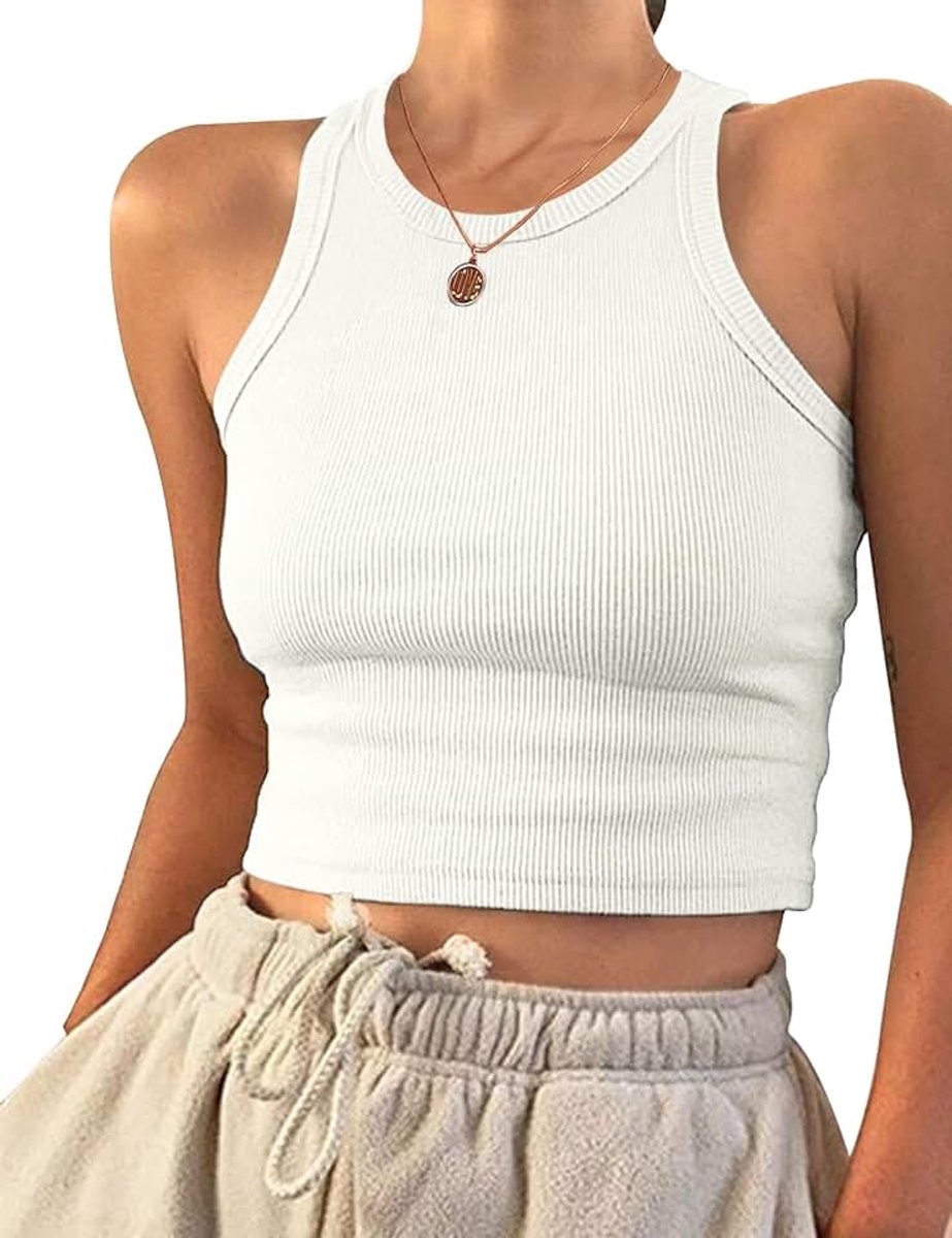 Crop Top Wit Dames Mouwloos Racerback Ronde Hals Tank Top