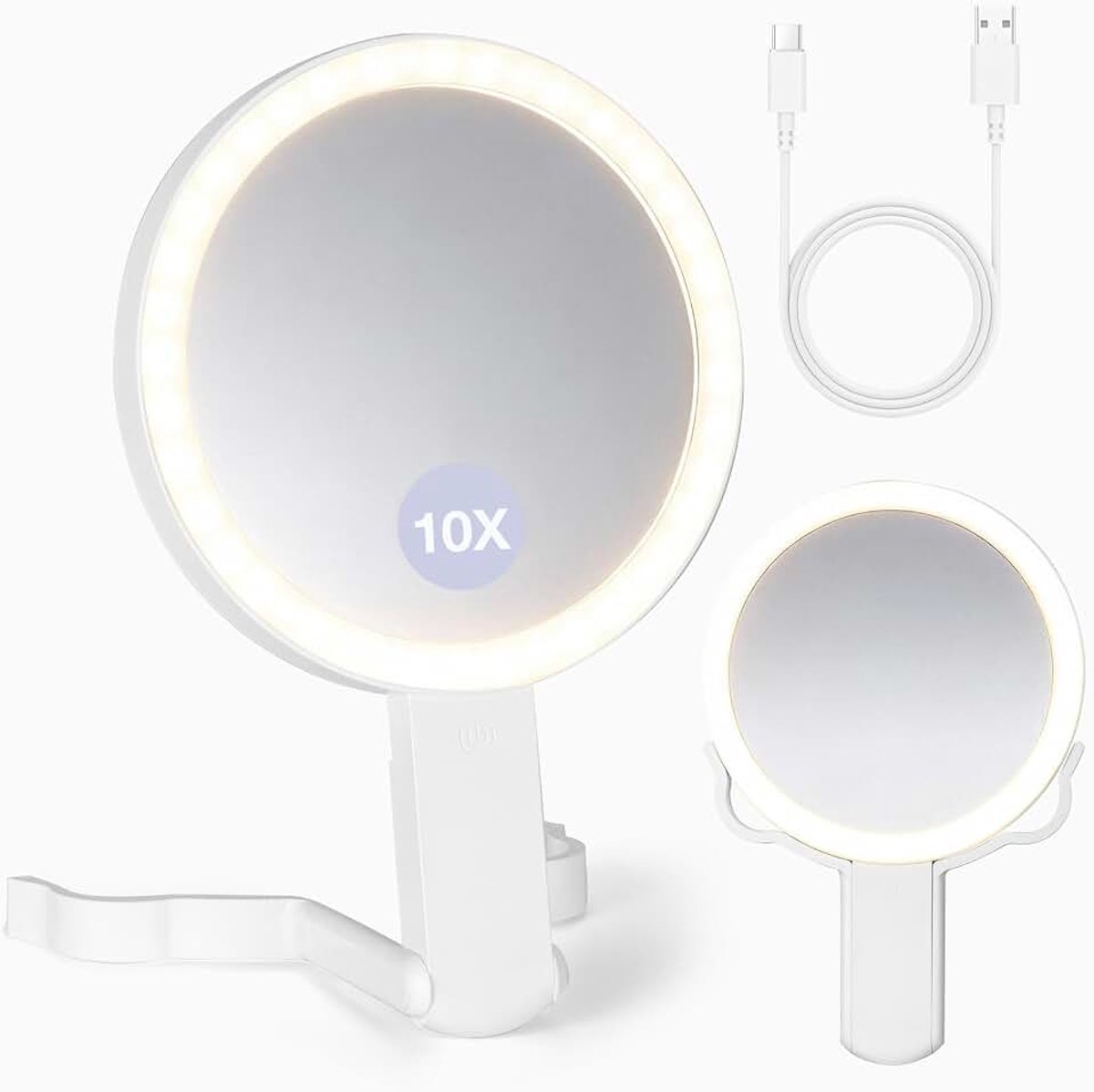 Make-upspiegel met ledlampen, dubbelzijdig, inklapbaar, 10-voudige vergrotingsspiegel met verstelbaar licht, 3 kleurmodi, draagbaar of hangend, voor slaapkamer, make-uptafel, reizen