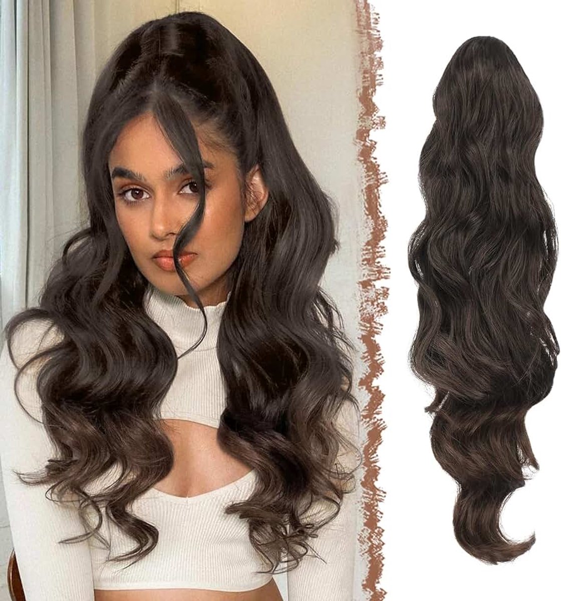Paardenstaart Haarstukje Haarverlenging met Trekkoord Paardenstaart Extension Lang Golvende Synthetische Haarextensies voor Vrouwen Ponytail Extension, Zwart to Bruin 60 cm