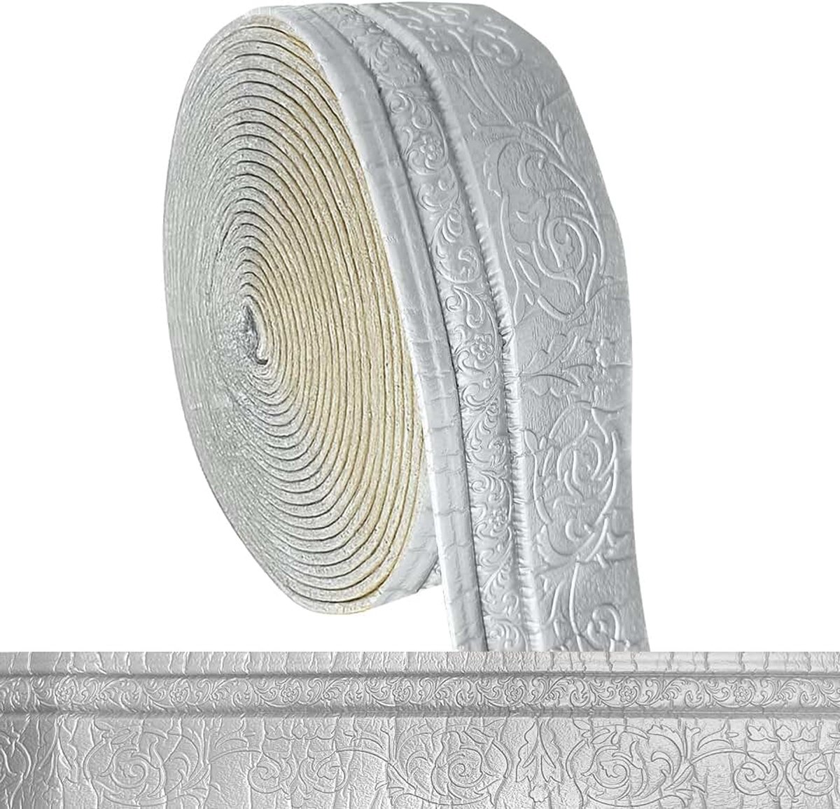 Rand, 10 m x 10 cm x 5 mm, 3D-wandlijst, zelfklevend, waterdicht, wandrand, zelfklevend, voor hoeken, lijnen, plafond, zilvergrijs