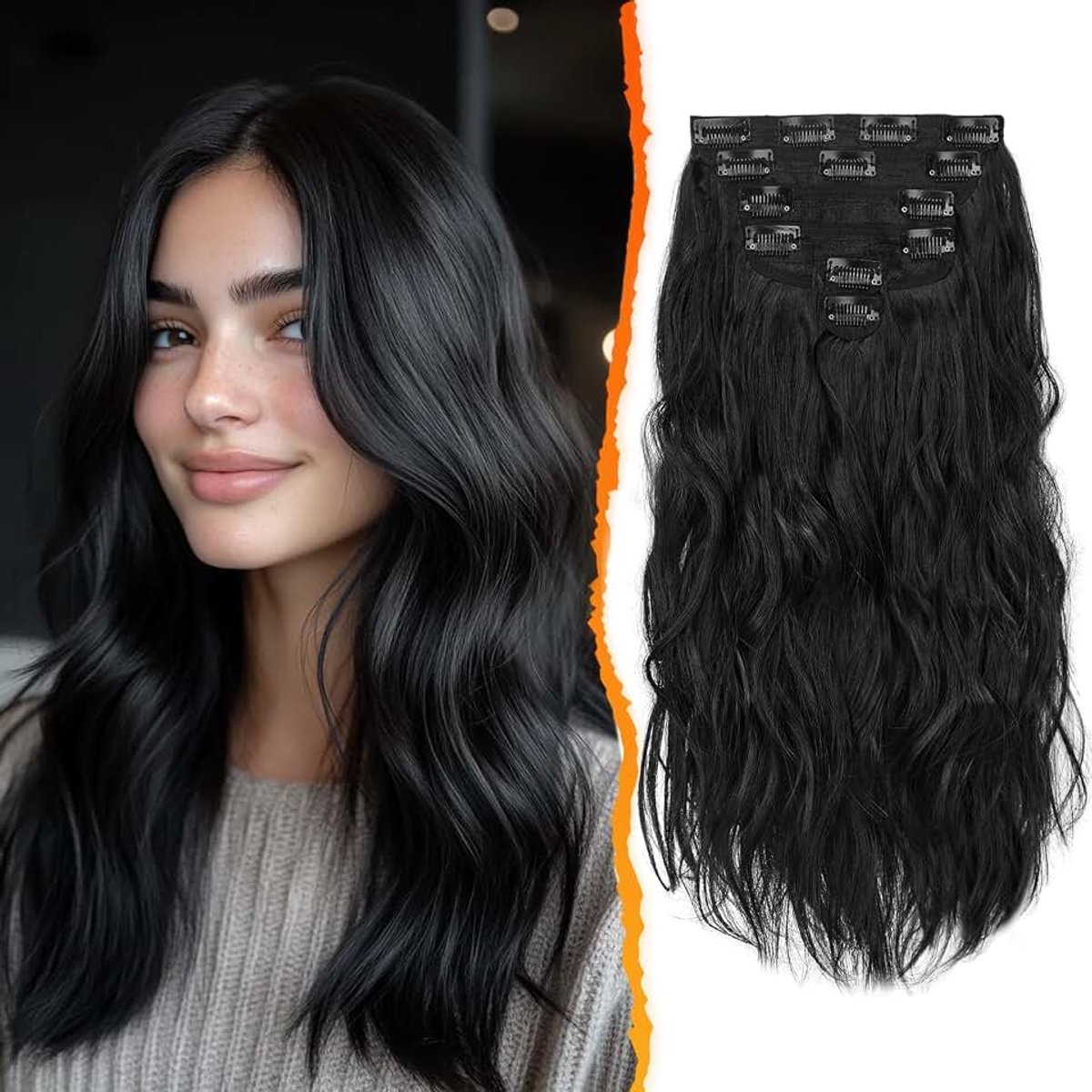 Clip in Hair Extensions, 40cm Golvende Haarextensies Zwart Clip in 6 PCs voor Vrouwen Dik Krullend Natuurlijke Synthetische Hair Extensions Haarstukken - Natuurlijk Zwart