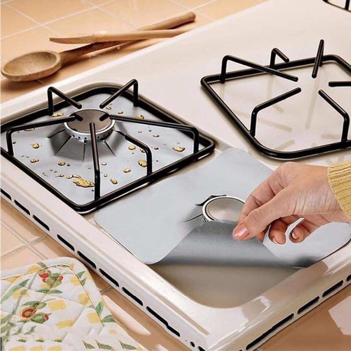 E-voering voor Gasfornuis, Kachel voor Gasfornuis Zilver, Gasfornuis Branderafdekkingen, Fornuiskap 6 Stuks Set Herbruikbare Glasvezel Gasfornuisbeschermer Beschermend Mat Pad (Zilver)
