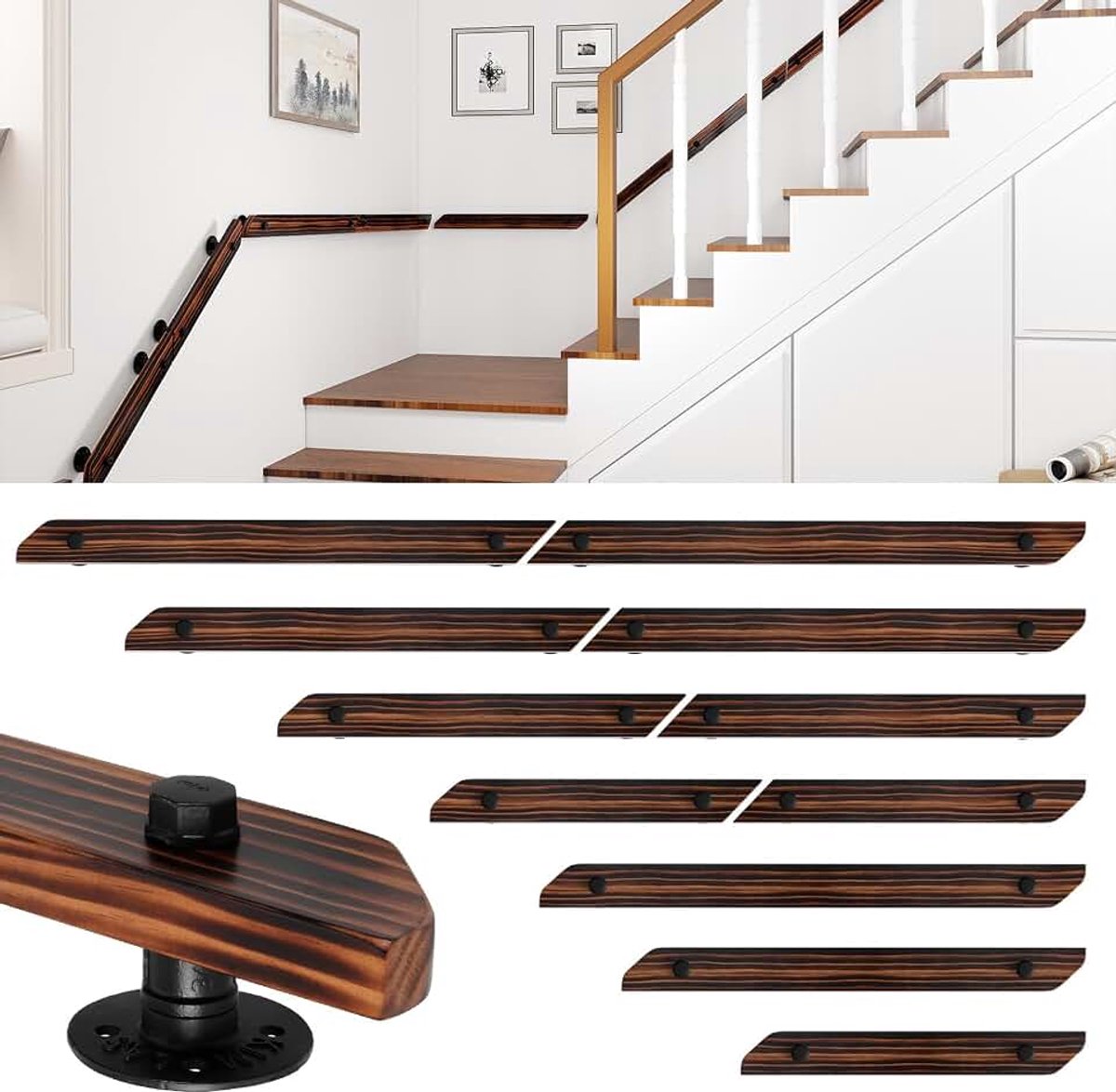 Leuning van grenenhout, 80 cm, voor trap, wandleuning, wandleuning, zijmontage, inclusief wandhouders, montagemateriaal, voor binnen, bruin