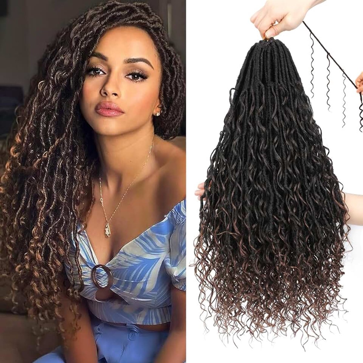 Faux Locs gehaakt haar, 8 verpakkingen godinne zachte locs met krullende uiteinden, vooraf gelopende Bohemian River Locs gehaakt haarextensies voor zwarte vrouwen (T30#, 45,7 cm (pak